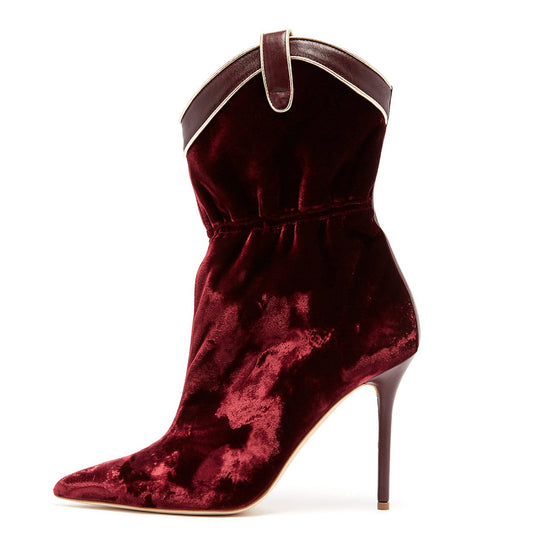 Wine Red Velvet Pointed Toe High Heel Ankle Boots