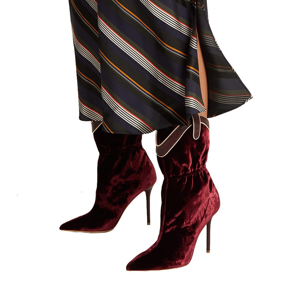 Wine Red Velvet Pointed Toe High Heel Ankle Boots