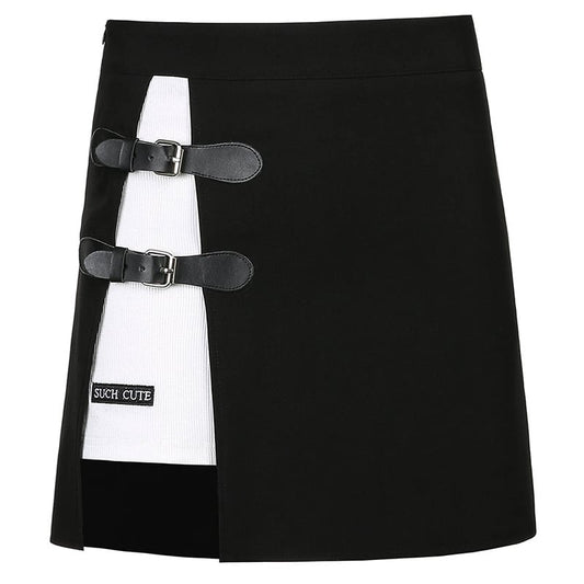 Embroidered Leather Button High-Waist Skirt