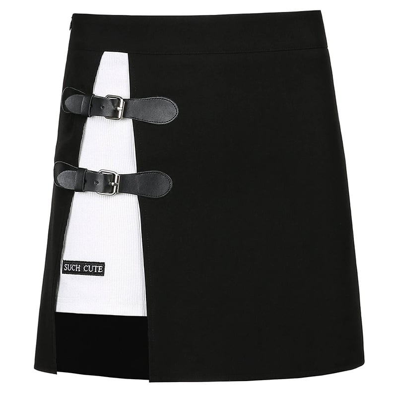 Embroidered Leather Button High-Waist Skirt