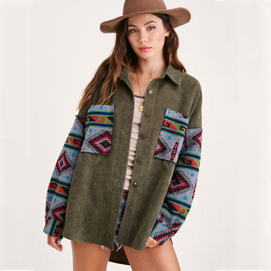 2022 Autumn Winter Vintage Print Corduroy Cardigan